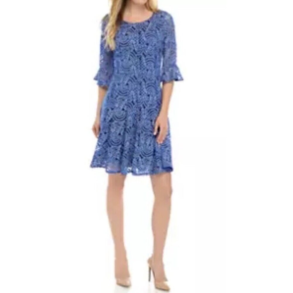 Chris McLaughlin Dress Womens 10 Royal Blue Midi Lace Overlay Flutter Sleeves M